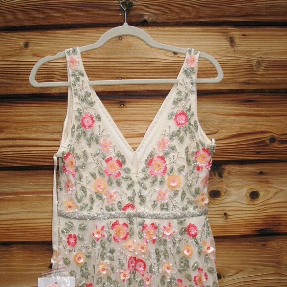 Mac Duggal 5527 Cream V-Neck Sleeveless Midi Floral Beaded A-line Dress $598 - Picture 13 of 15